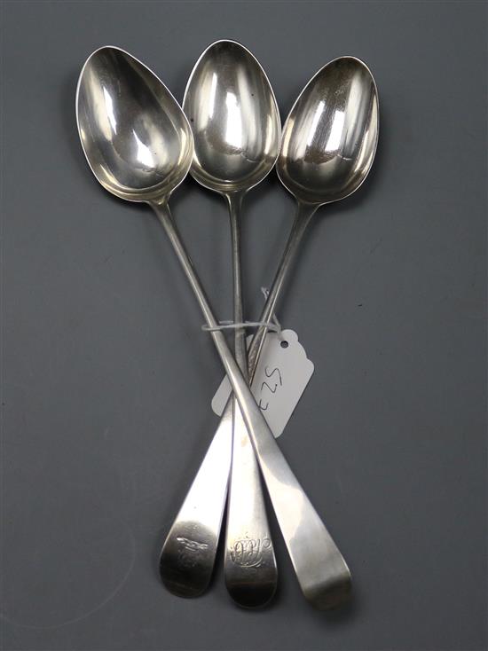 A George III provincial silver Old English pattern basing spoon, Exeter, 1802 and two 18th century silver O.E.P basting spoons,
